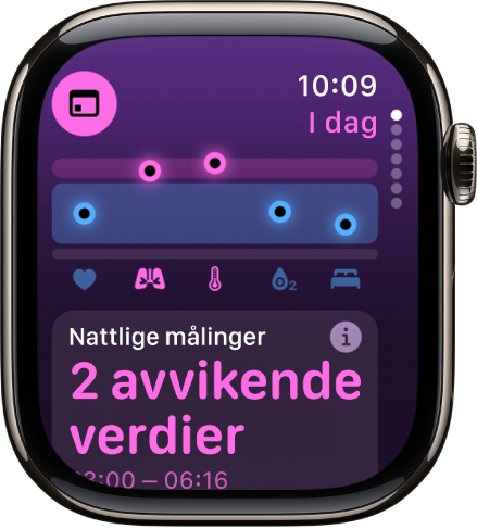 En skjerm i Vitale tegn-appen viser to avvik i målingene fra natten.