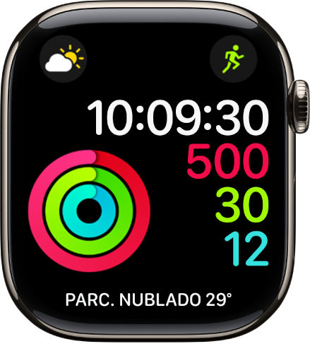 Mostrador Atividade Digital exibindo a hora, além do progresso das metas de Movimento, Exercício e Ficar em Pé. Também há três complicações: Tempo na parte superior esquerda, Exercício na parte superior direita e Condições do Tempo na parte inferior.