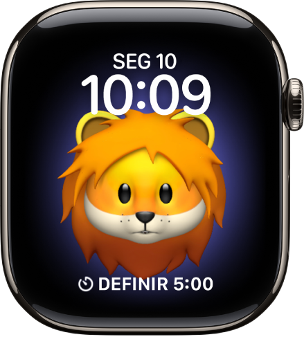 Mostrador Memoji, onde você pode ajustar o personagem de Memoji e uma complicação na parte inferior. Toque na tela para animar o Memoji. A data e a hora aparecem na parte superior e a complicação Timer aparece na parte inferior.