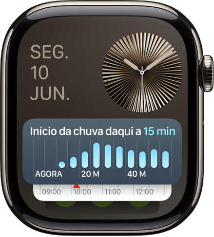 A pilha inteligente no Apple Watch a mostrar o widget Temporizador à frente e dois widgets atrás.