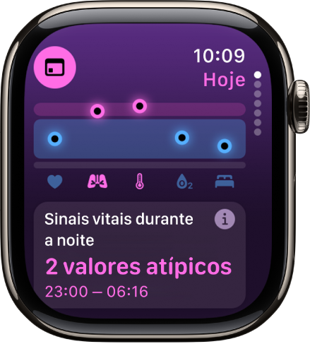 Um ecrã na aplicação Sinais Vitais a mostrar dois valores atípicos nas métricas noturnas.