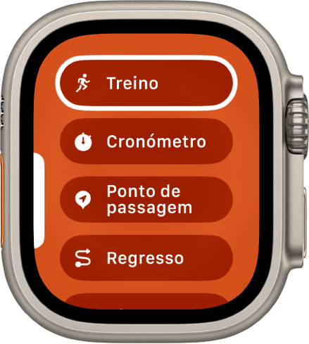 O ecrã “Mudança rápida” a mostrar ações que podem ser atribuídas ao botão “Ação”, como Treino, Cronómetro e Ponto de passagem.