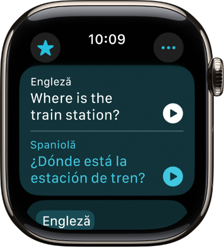 Un ecran în aplicația Traducere afișând o propoziție în engleză în partea de sus și traducerea în spaniolă în partea de jos.