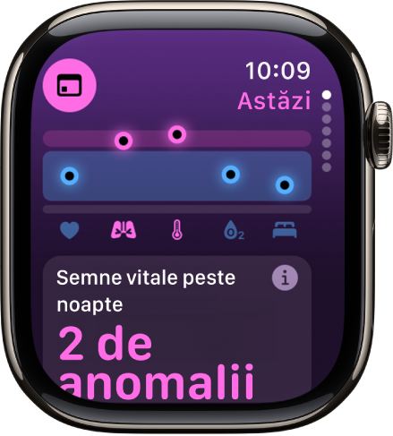 Un ecran în aplicația Semne vitale afișând două anomalii în parametrii nocturni.