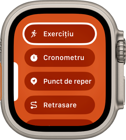 Ecranul Comutare rapidă afișând acțiunile care pot fi alocate butonului Acțiune, precum Exercițiu, Cronometru și Punct de reper.