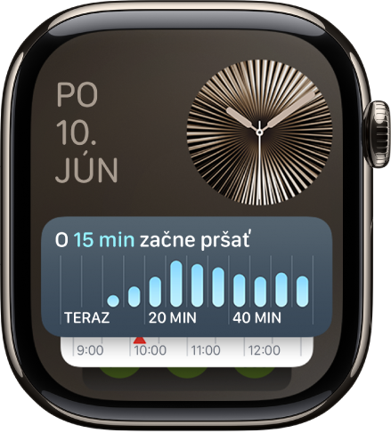 Dynamická sada na Apple Watch, v ktorej je zobrazený widget Časovač pred dvomi inými widgetmi