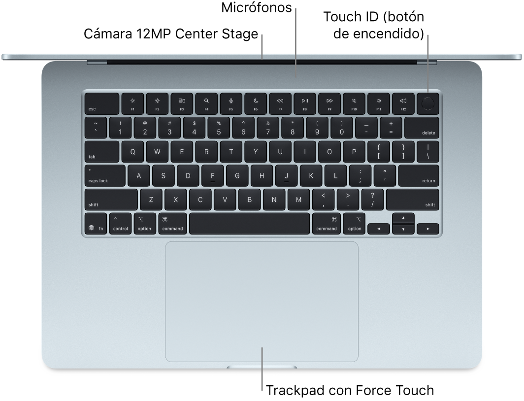 MacBook Air abierto, visto desde arriba, con indicaciones de la cámara, los micrófonos, el botón Touch ID (botón de encendido) y el trackpad Force Touch.