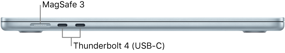 El lateral izquierdo de un MacBook Air con indicaciones de los puertos MagSafe 3 y Thunderbolt 4.