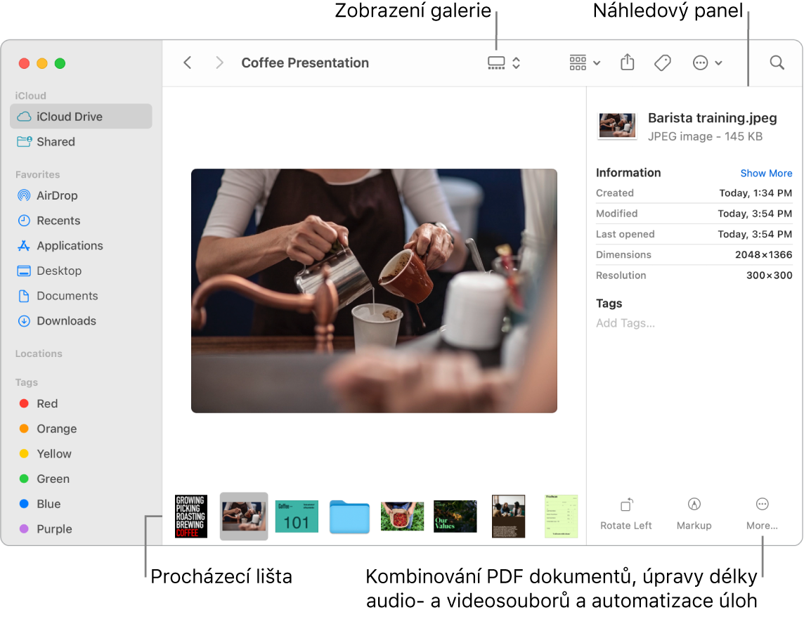 Otevřené okno Finderu se zobrazením galerie, v němž je vidět velká fotka a pod ní řádek menších fotek – procházecí lišta. Napravo od procházecí lišty jsou ovládací prvky pro otáčení, vytváření a úpravy anotací a další akce.