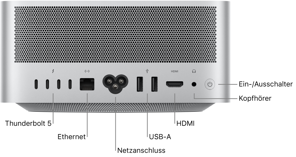 Die Rückseite des Mac Studio mit vier Thunderbolt 5 (USB-C)-Anschlüssen, dem Gigabit-Ethernetanschluss, dem Netzanschluss, zwei USB-A-Anschlüssen, dem HDMI-Anschluss, dem 3,5-mm-Kopfhöreranschluss und dem Ein-/Ausschalter