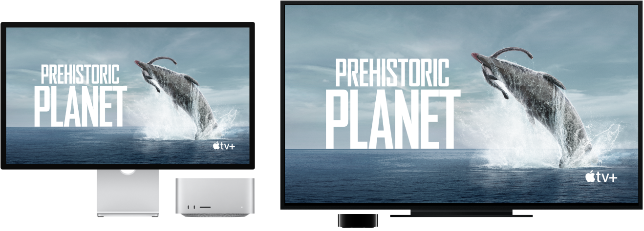 A Mac Studio with its content mirrored on a large HDTV using an Apple TV.