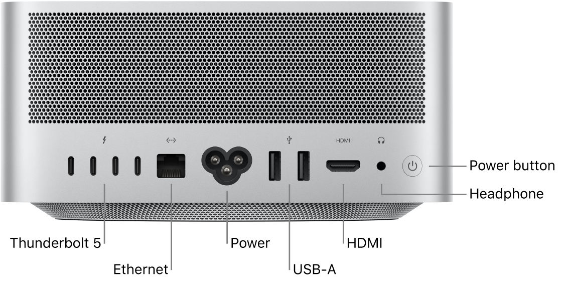 The back of Mac Studio showing four Thunderbolt 5 (USB-C) ports, the Gigabit Ethernet port, the power port, two USB-A ports, the HDMI port, 3.5 mm headphone jack, and the power button.