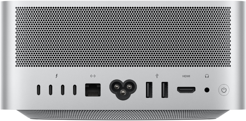 The back view of Mac Studio, its various ports, and the power button.