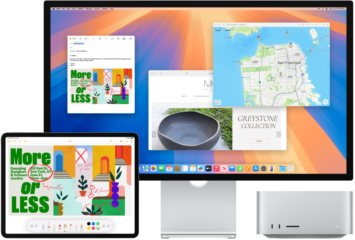 Un Mac Studio con un iPad al lado. La pantalla del iPad muestra un anuncio con anotaciones. En la pantalla del Mac Studio hay abierto un mensaje de Mail con el anuncio anotado del iPad como archivo adjunto.