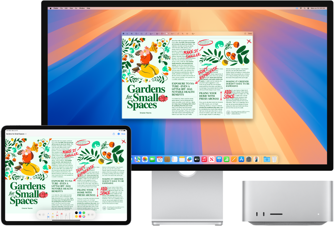 Un Mac Studio al lado de un iPad. Ambas pantallas muestran un artículo lleno de anotaciones a mano de color rojo, como frases tachadas, flechas y palabras añadidas. El iPad también tiene controles de marcación en la parte inferior de la pantalla.