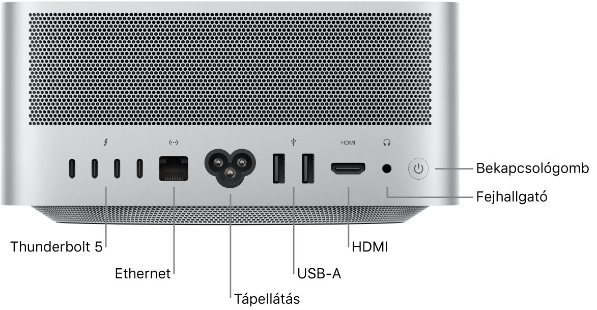 A Mac Studio hátoldala négy Thunderbolt 5 (USB‑C-) porttal, a Gigabit Ethernet-porttal, a tápcsatlakozóporttal, két USB‑A-porttal, a HDMI-porttal, a 3,5 mm-es fejhallgatóaljzattal és a bekapcsológombbal.