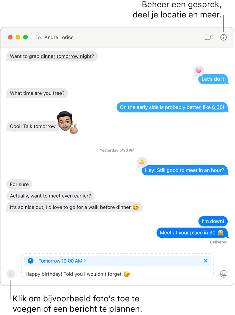 Een Berichten-venster met een gesprek. Een bericht wordt ingepland om morgenochtend om 10:00 uur te worden verstuurd. Een bericht met de tekst "Gefeliciteerd!" Zie je wel dat ik je niet ben vergeten!"