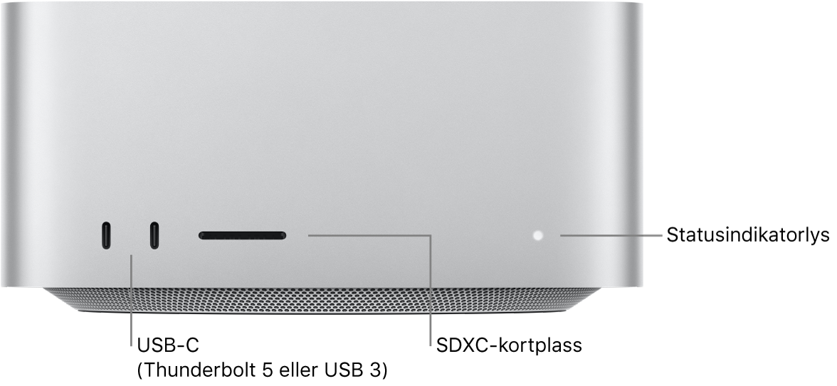 Forsiden av Mac Studio som viser to USB-C-porter, SDXC-kortplassen og statusindikatorlyset.