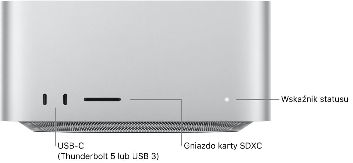 Widok Maca Studio z przodu z widocznymi dwoma gniazdami USB-C, gniazdem karty SDXC oraz lampką wskaźnika statusu.