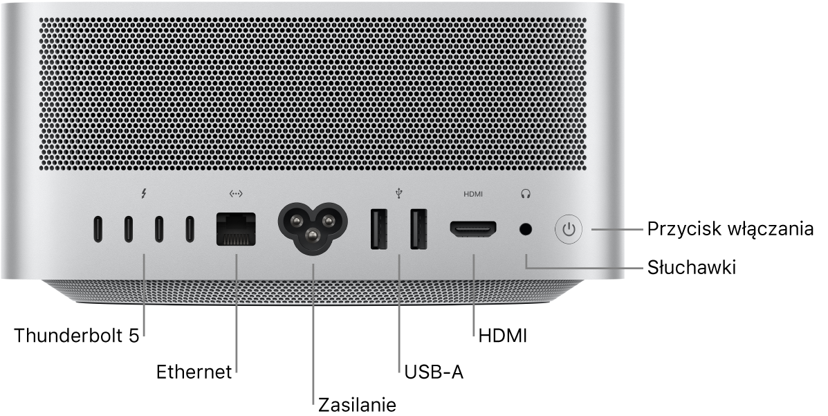 Z tyłu Maca Studio widoczne są gniazda Thunderbolt 5 (USB‑C), gniazdo Gigabit Ethernet, gniazdo zasilania, dwa gniazda USB‑A, gniazdo HDMI, gniazdo słuchawek (3,5 mm) oraz przycisk włączania.