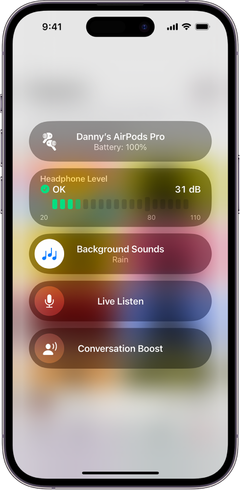 The Hearing Devices screen in Control Center. From top to bottom, it includes the Headphone Level in decibels, Background Sounds, Live Listen, and Conversation Boost.
