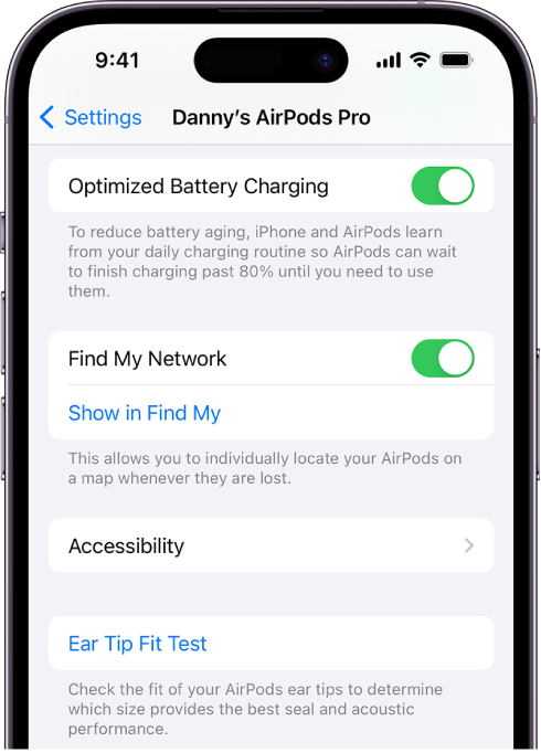 Bluetooth settings on an iPhone showing options for AirPods Pro (all models). The Find My Network option is on, which allows AirPods to be located individually on a map whenever they’re lost.