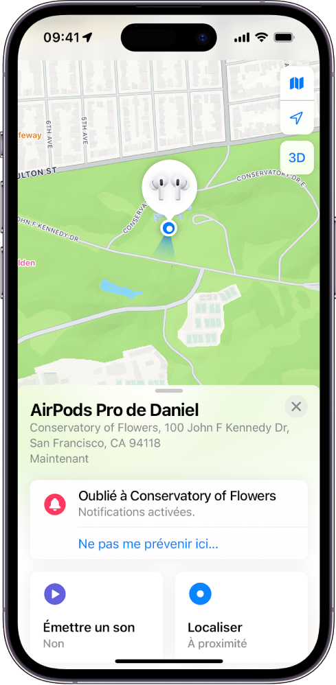 Un écran de l’app Localiser sur l’iPhone. L’emplacement des AirPods est indiqué sur un plan de San Francisco, avec une adresse et les options « Émettre un son » et Localiser.