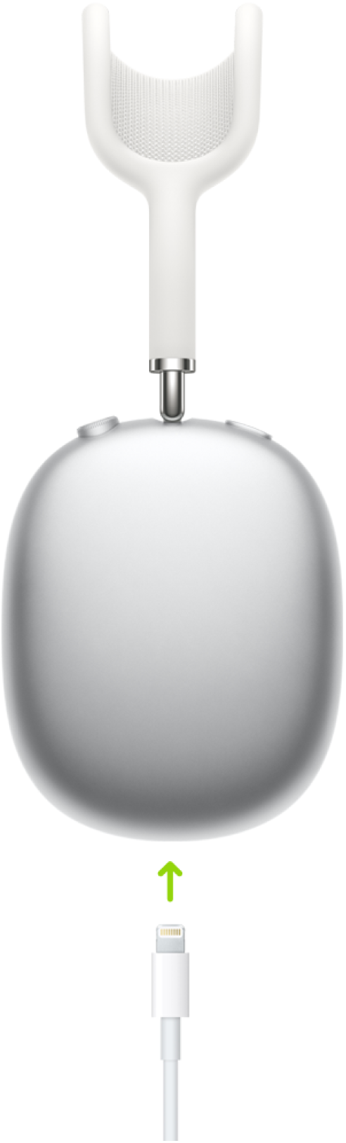 Un cavo di ricarica Lightning collegato alla parte inferiore del padiglione destro di AirPods Max.