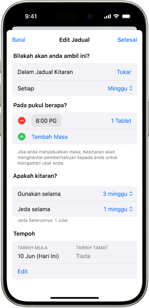 Skrin Ubat dalam Kesihatan menunjukkan pilihan untuk mengubah jadual untuk ubat.