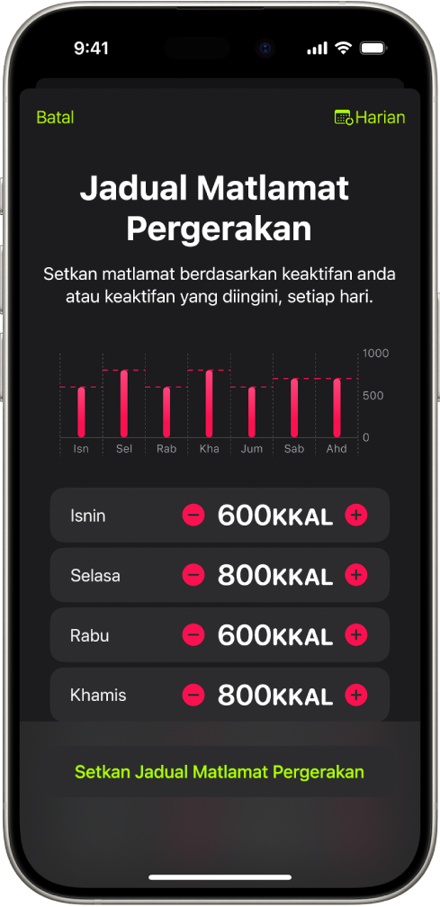Skrin Jadual Matlamat Pergerakan Kecergasan menunjukkan butang untuk meningkatkan atau mengurangkan matlamat Pergerakan mengikut hari dalam seminggu.