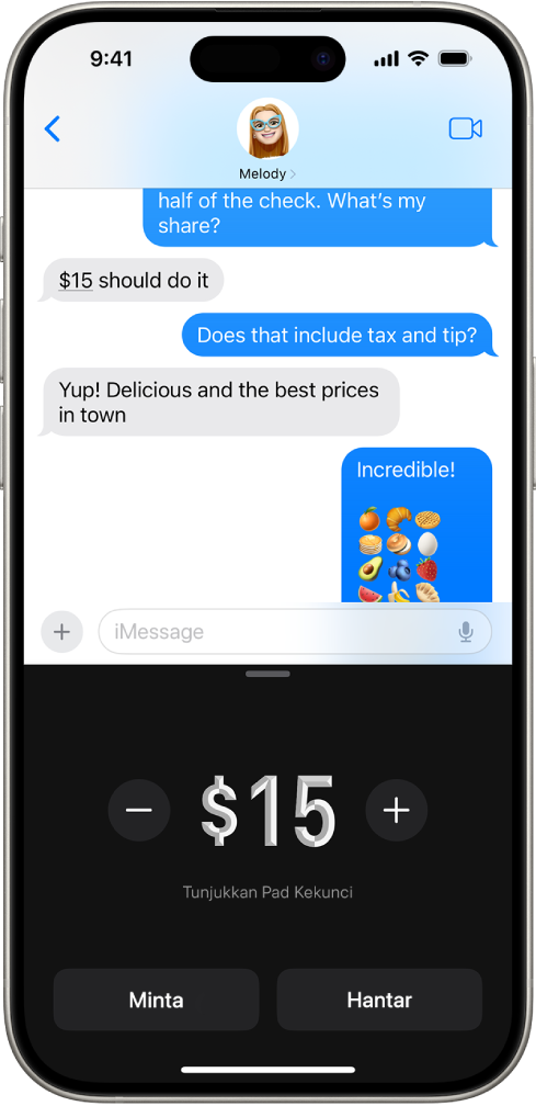 Perbualan iMessage dengan Apple Pay terbuka di bahagian bawah.