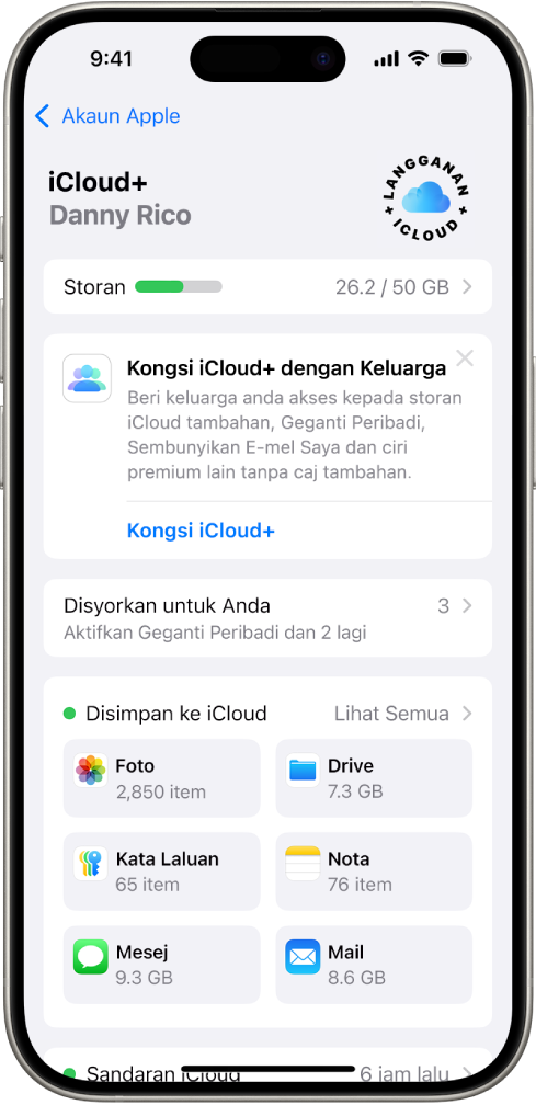 Skrin seting iCloud menunjukkan meter storan iCloud dan senarai app serta ciri, yang boleh digunakan dengan iCloud.