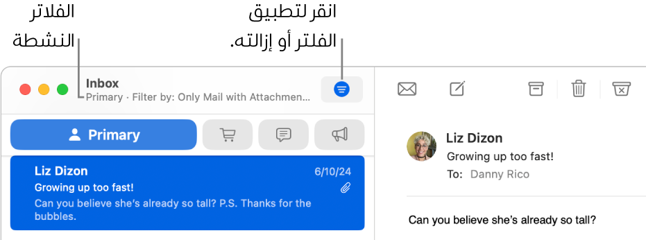 نافذة البريد تظهر شريط الأدوات فوق قائمة الرسائل، حيث يشير البريد إلى الفلاتر، مثل "البريد الذي يحتوي على مرفقات فقط"، التي يتم تطبيقها.