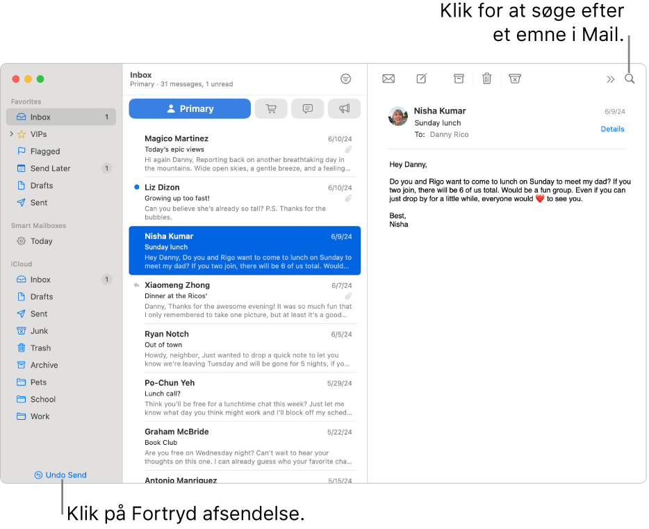 Et vindue i Mail, der viser indholdsoversigten til venstre. Knappen Fortryd afsendelse er nederst i indholdsoversigten.