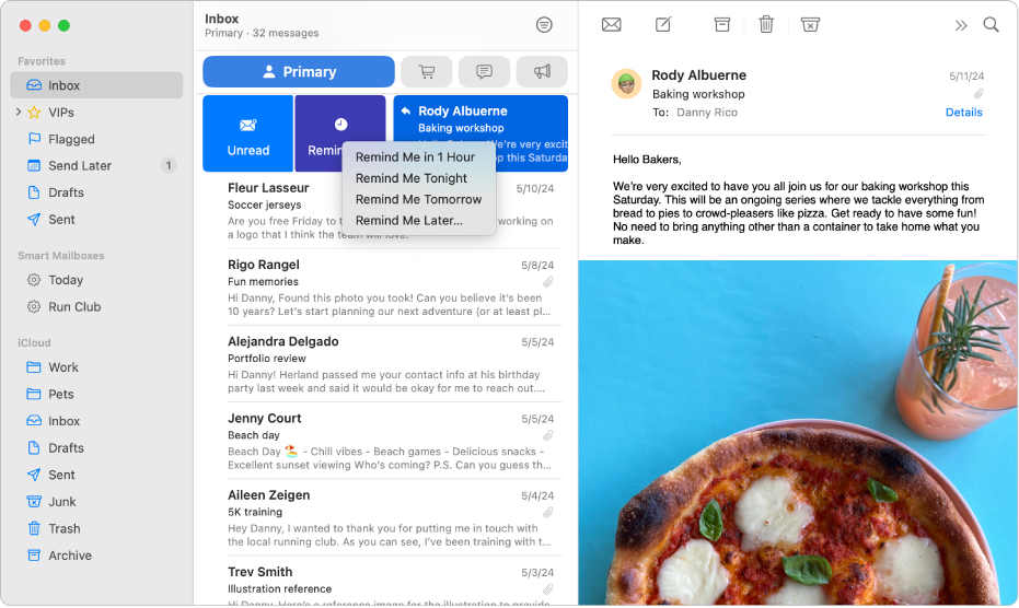 Ein Fenster der App „Mail“, das verschiedene Optionen für „Erinnerungen“ anzeigt.