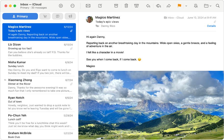 Das Fenster „Mail“ zeigt eine Nachricht aus der Liste „Wichtiges“.