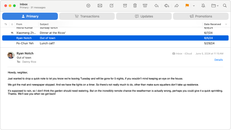 Das Mail-Fenster wird mit der E-Mail-Liste in der Spaltenanordnung – mit Spalten wie „Von“, „Betreff“ und „Empfangen“ – angezeigt und die E-Mail-Vorschau befindet sich unter der Liste.