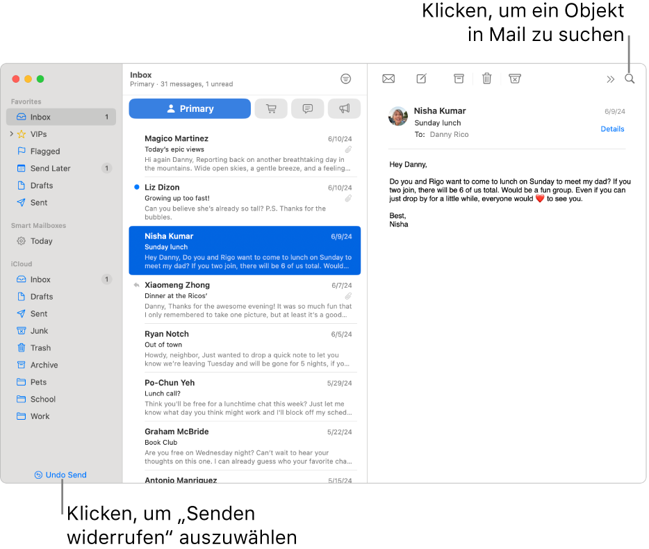 Ein Mail-Fenster mit der Seitenleiste links. Die Taste „Senden widerrufen“ befindet sich unten in der Seitenleiste.