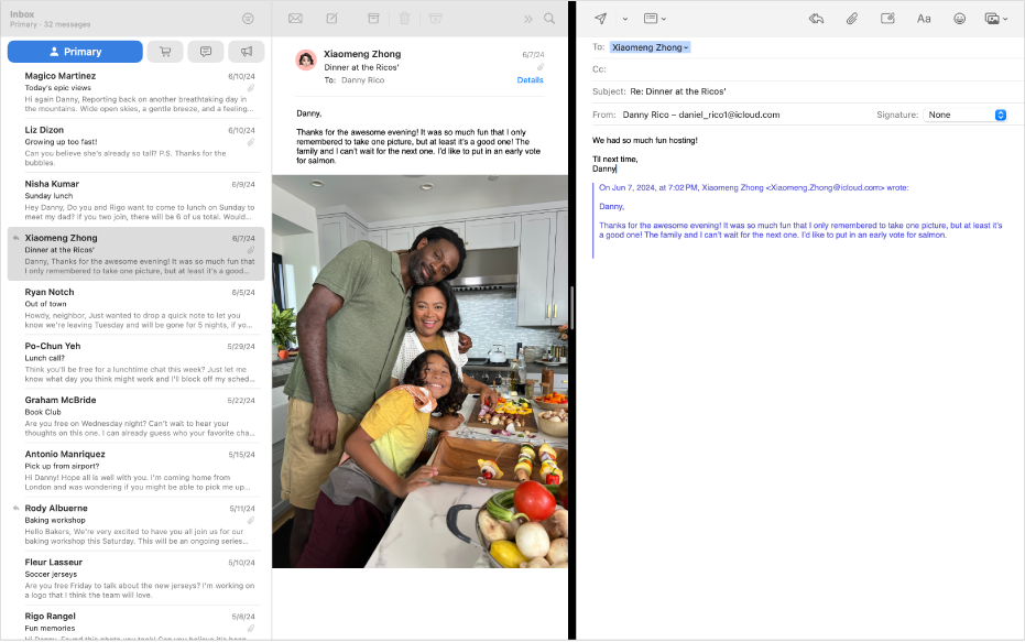 The message list side by side with a compose window in Split View.