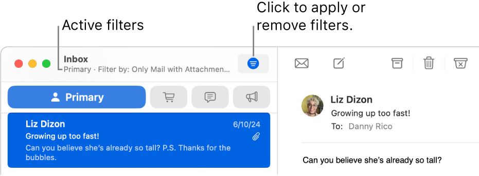 The Mail window showing the toolbar above the message list, where Mail indicates which filters, such as “Only Mail with Attachments”, are applied.