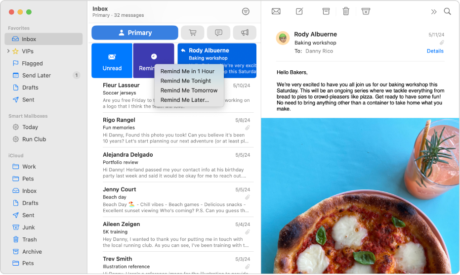 A Mail window showing various Remind Me options.