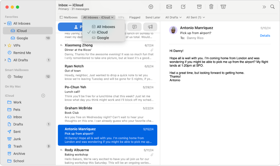 A Mail window showing the All Inboxes menu in the Favourites bar.