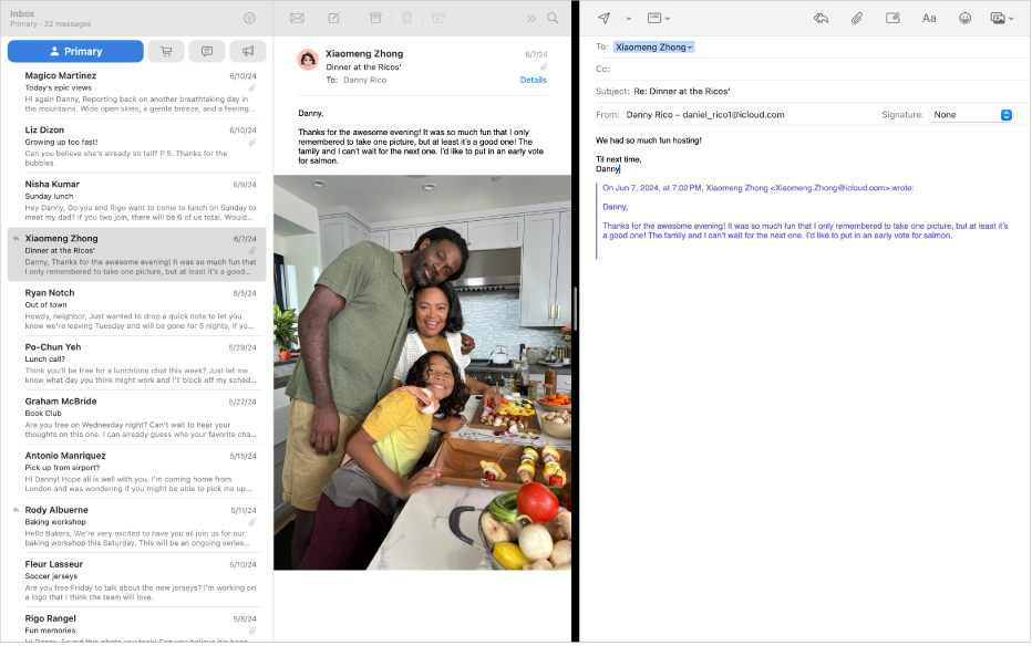 The message list side by side with a compose window in Split View.
