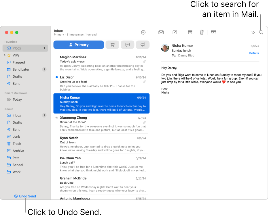 A Mail window showing the sidebar on the left. The Undo Send button is at the bottom of the sidebar.