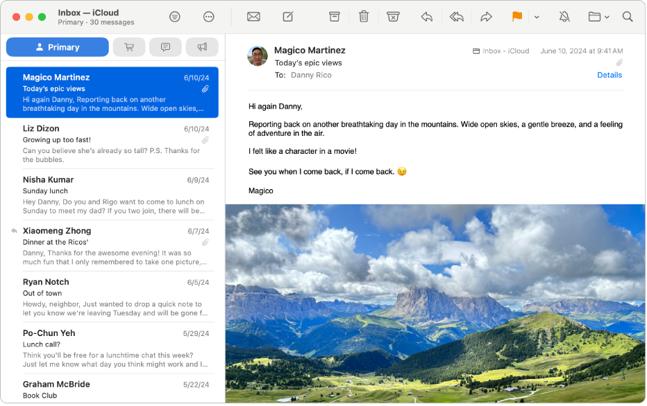 The Mail window displaying a message from the Primary message list.
