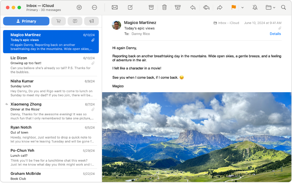 The Mail window displaying a message from the Primary message list.