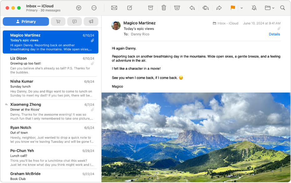 La ventana de Mail muestra un mensaje de la lista de mensajes Principal.