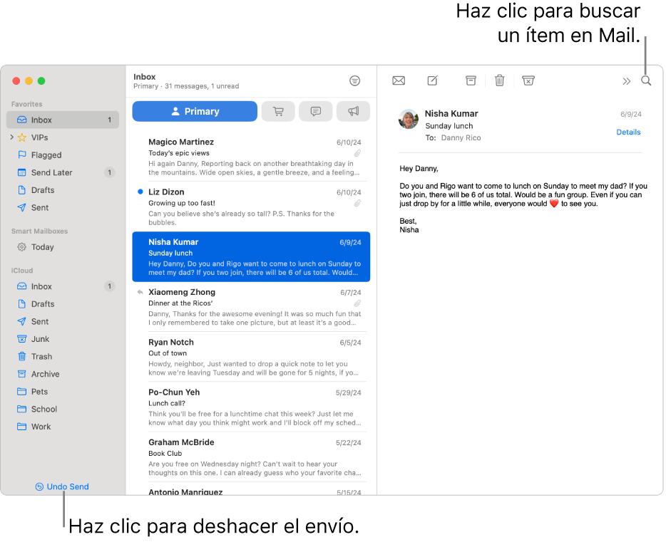 Una ventana de Mail con la barra lateral a la izquierda. En la parte de abajo de la barra lateral está el botón “Deshacer envío”.