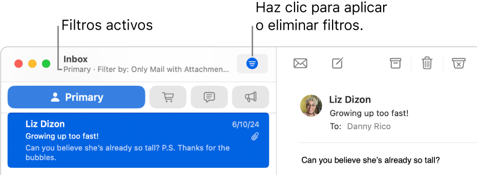 La ventana de Mail con la barra de herramientas sobre la lista de mensajes, donde Mail indica qué filtros, como “Solo con archivos adjuntos”, se están aplicando.