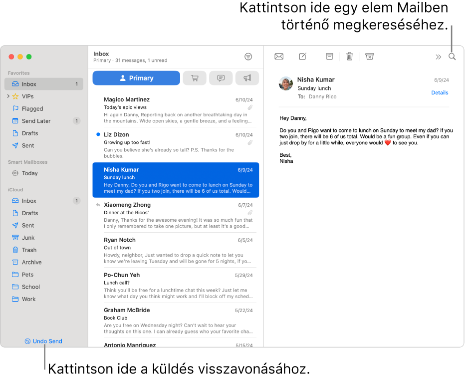 Egy Mail-ablak a bal oldalon található oldalsávval. A Küldés visszavonása a gomb az oldalsáv alján található.